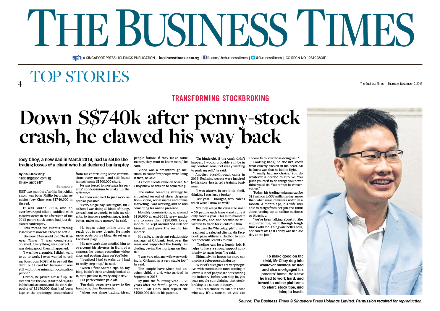 Joey Choy on Business Times - 19 Nov 2017